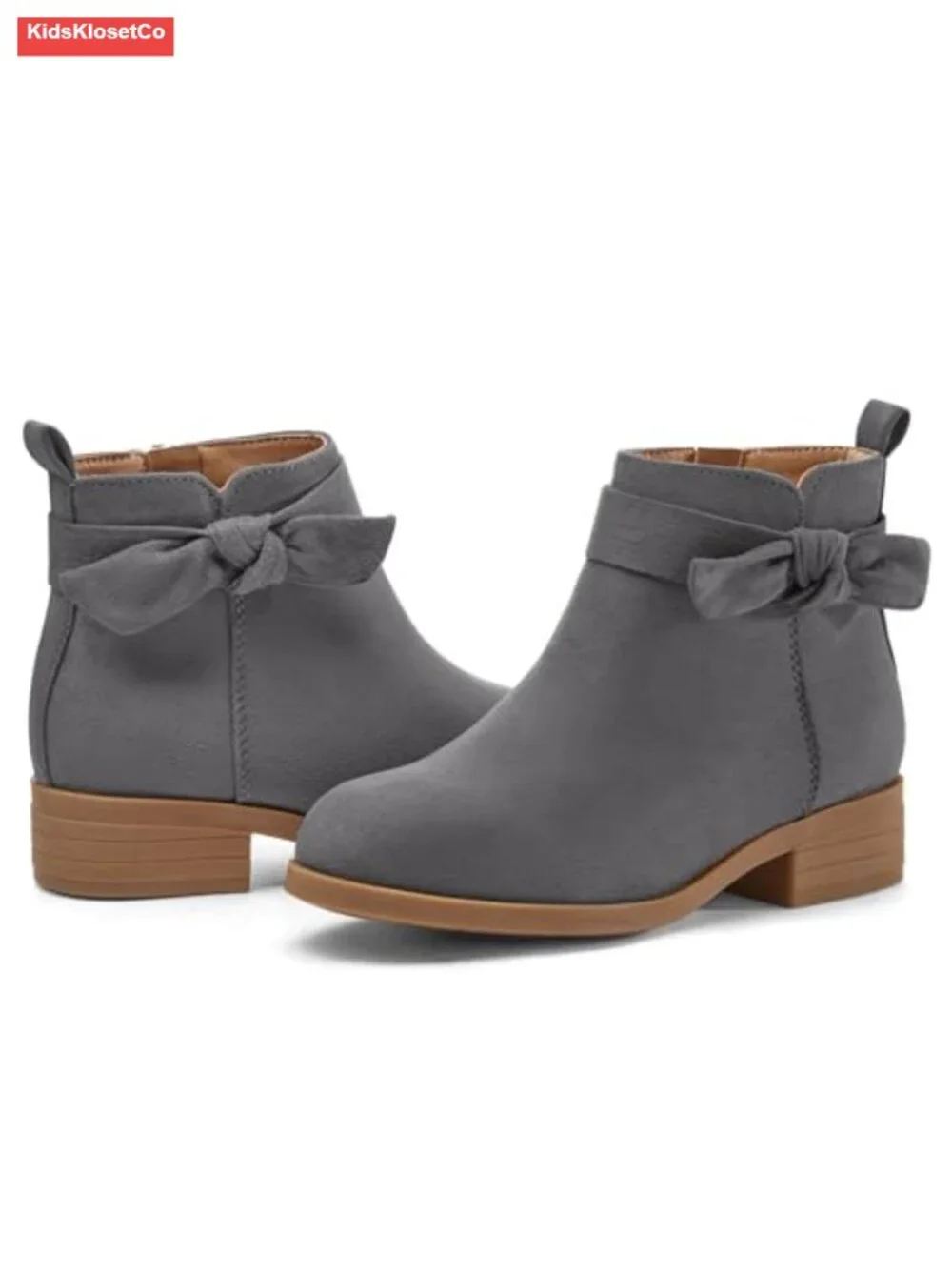 Girls Bow Ankle Boots Low Chunky Heel Side Zipper Cute Dress Booties Suede